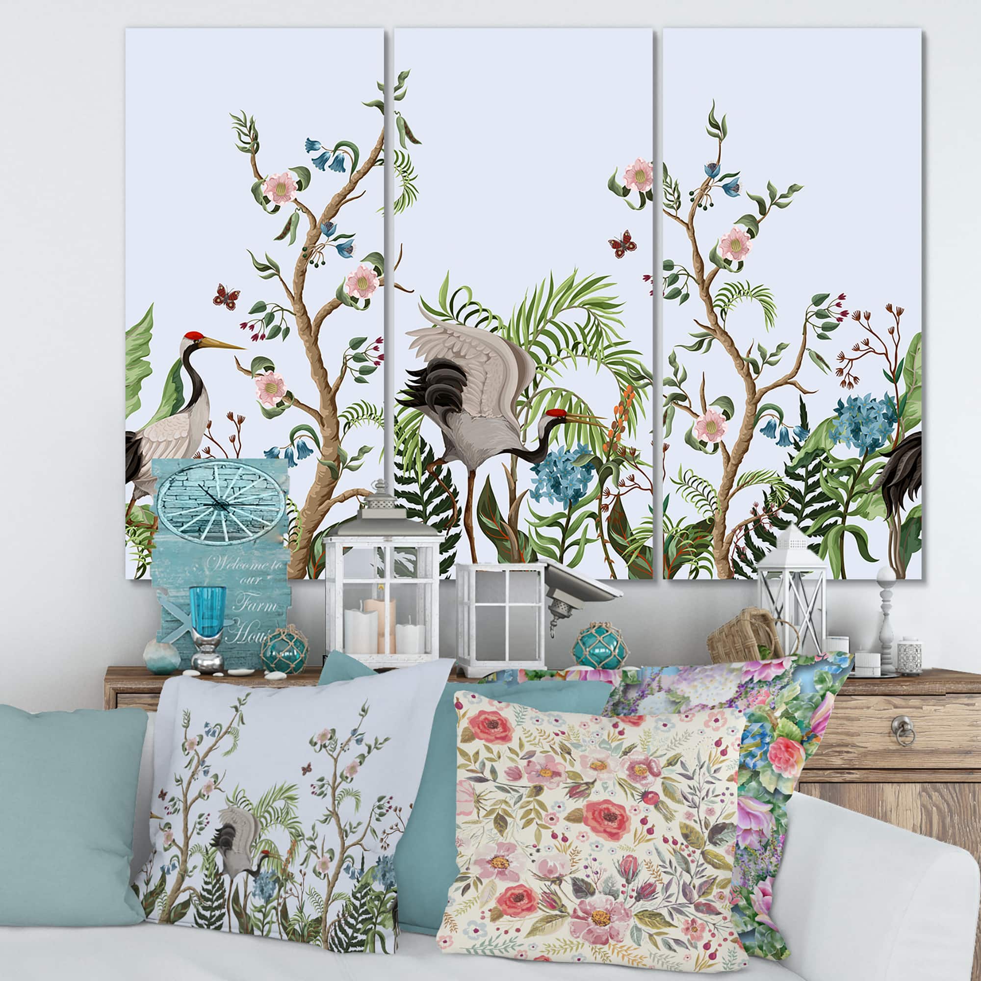 Designart - Border With Cranes & Peonies In Chinoiserie Style
